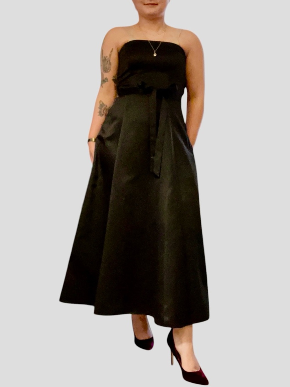 Papell Boutique Black Satin Midi Dress Fit Flare Size 6 Black Tie Even Dress